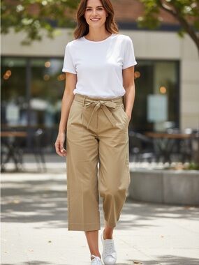 Talbots Womens Beige Wide Leg Cropped Belted Trousers Cotton 12P Preppy Career